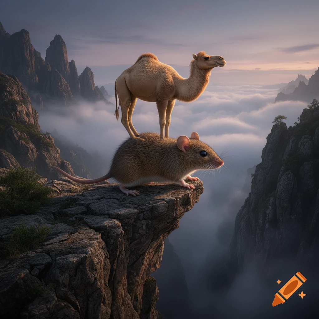 A photorealistic image of a camel standing on a mouse atop a steep, rocky cliff overlooking foggy mountains at sunset.