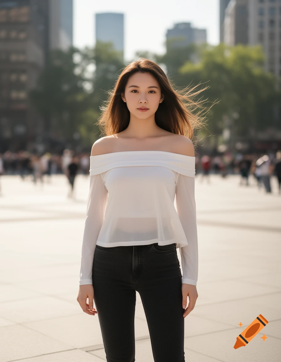 A young woman in a white off-shoulder top and black jeans stands in a sunny urban plaza.