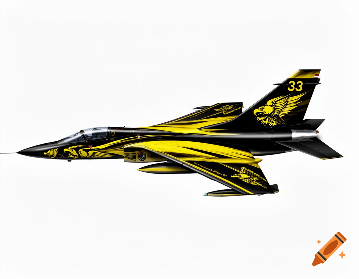 A black and yellow fighter jet with an eagle motif and the number 33 on its tail, against a white background.