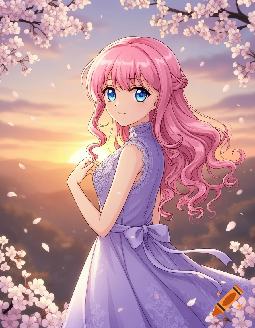 Anime girl with pink hair and blue eyes in a purple dress, surrounded by cherry blossoms at sunset, looking over her shoulder.