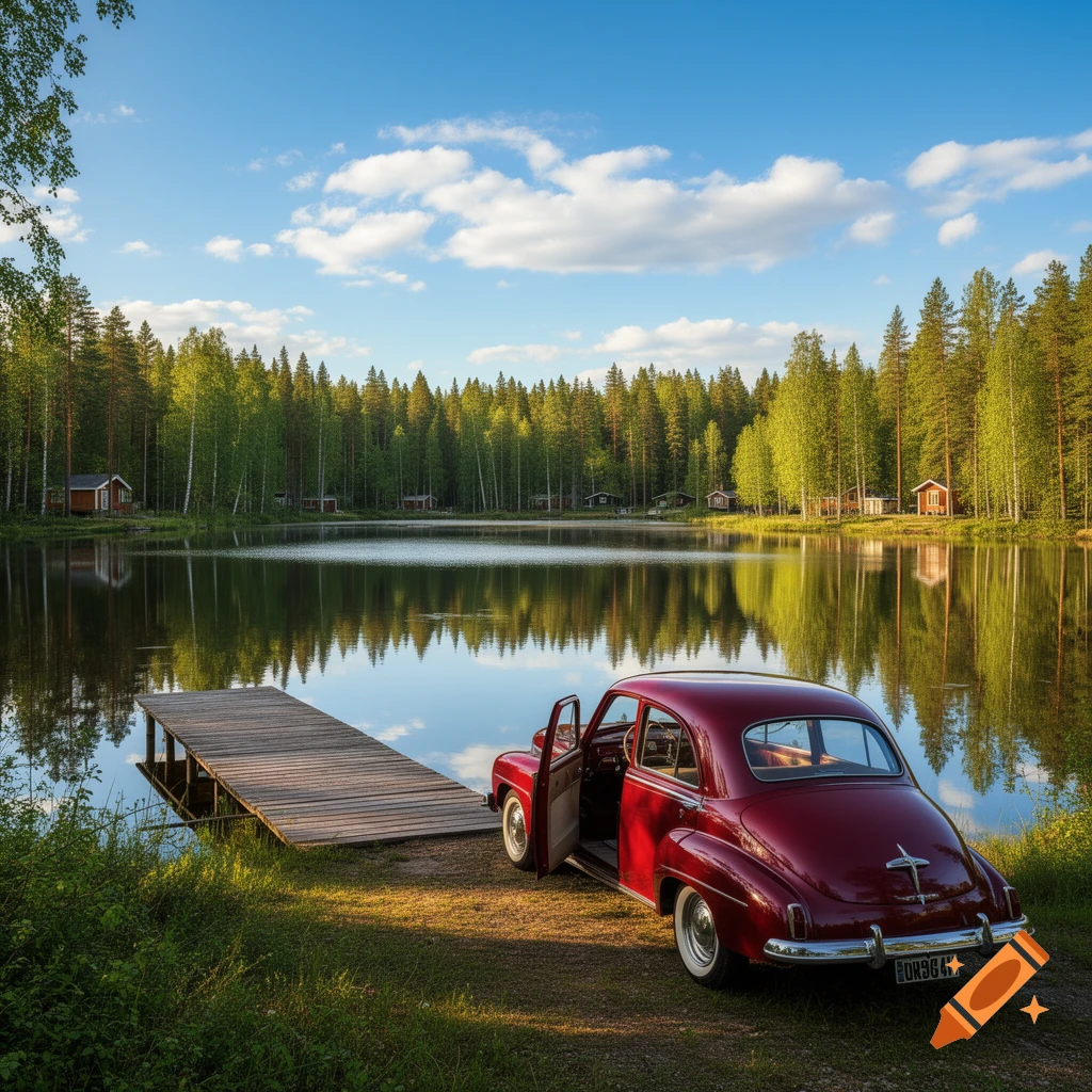 A vintage red car with an open door is parked on grass next to a wooden dock on a calm lake, surrounded by a forest under a blue sky.