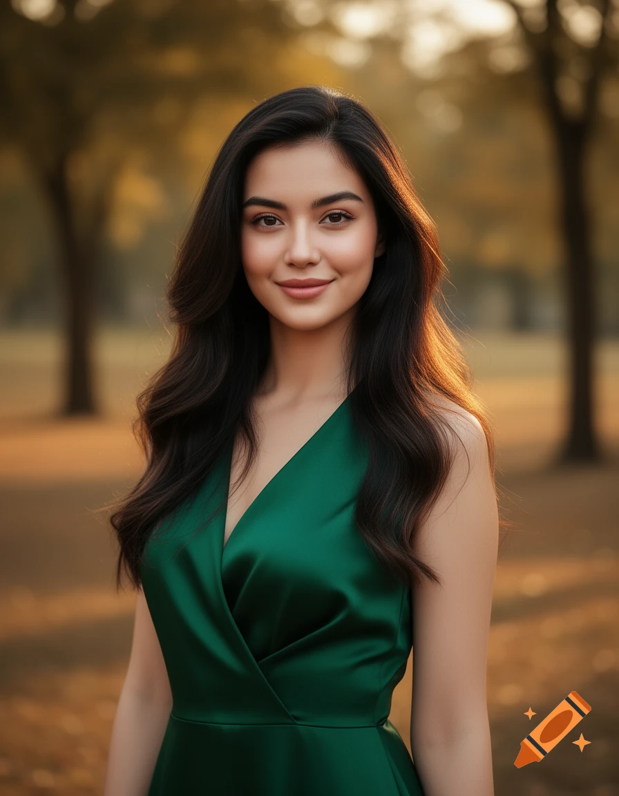 Photorealistic portrait of a young woman with dark hair, wearing a green V-neck dress, smiling in an outdoor setting.