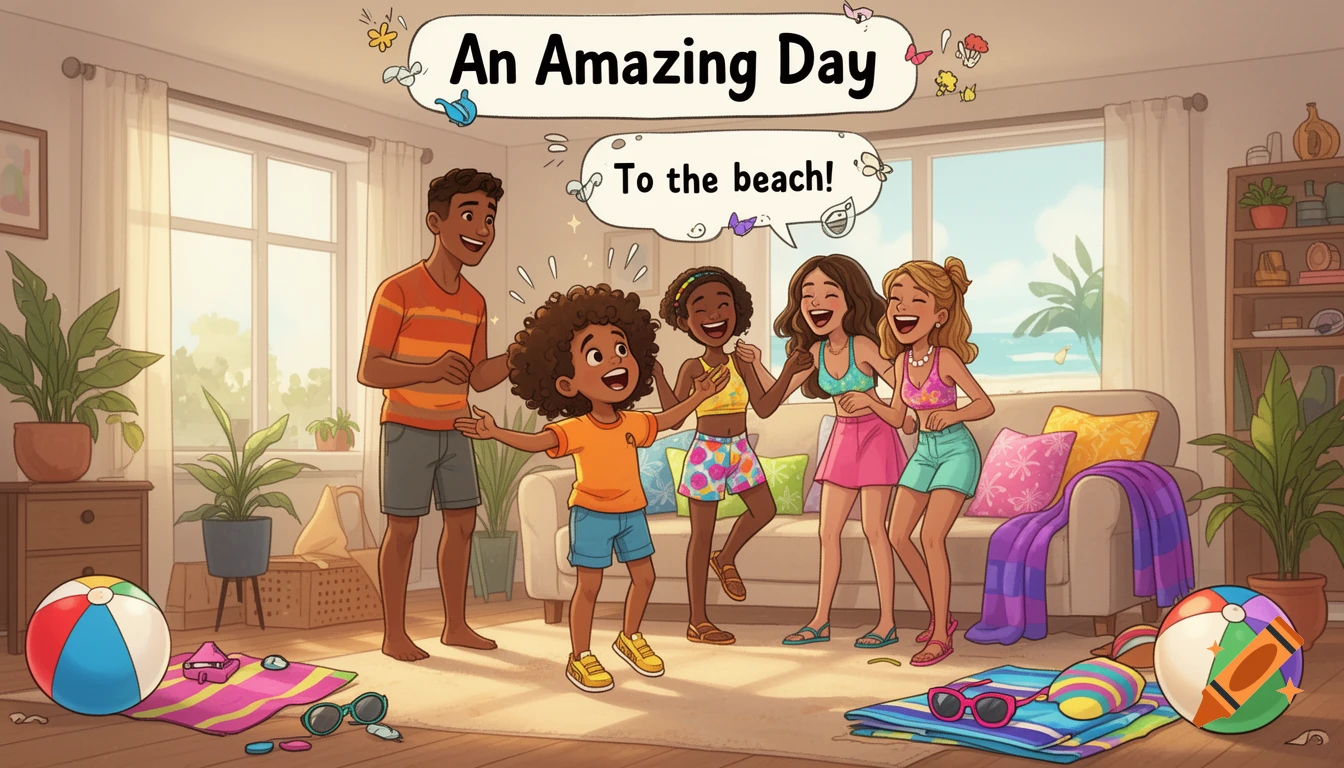 A happy cartoon family in a bright living room, excited for a beach day, with beach balls and towels on the floor.