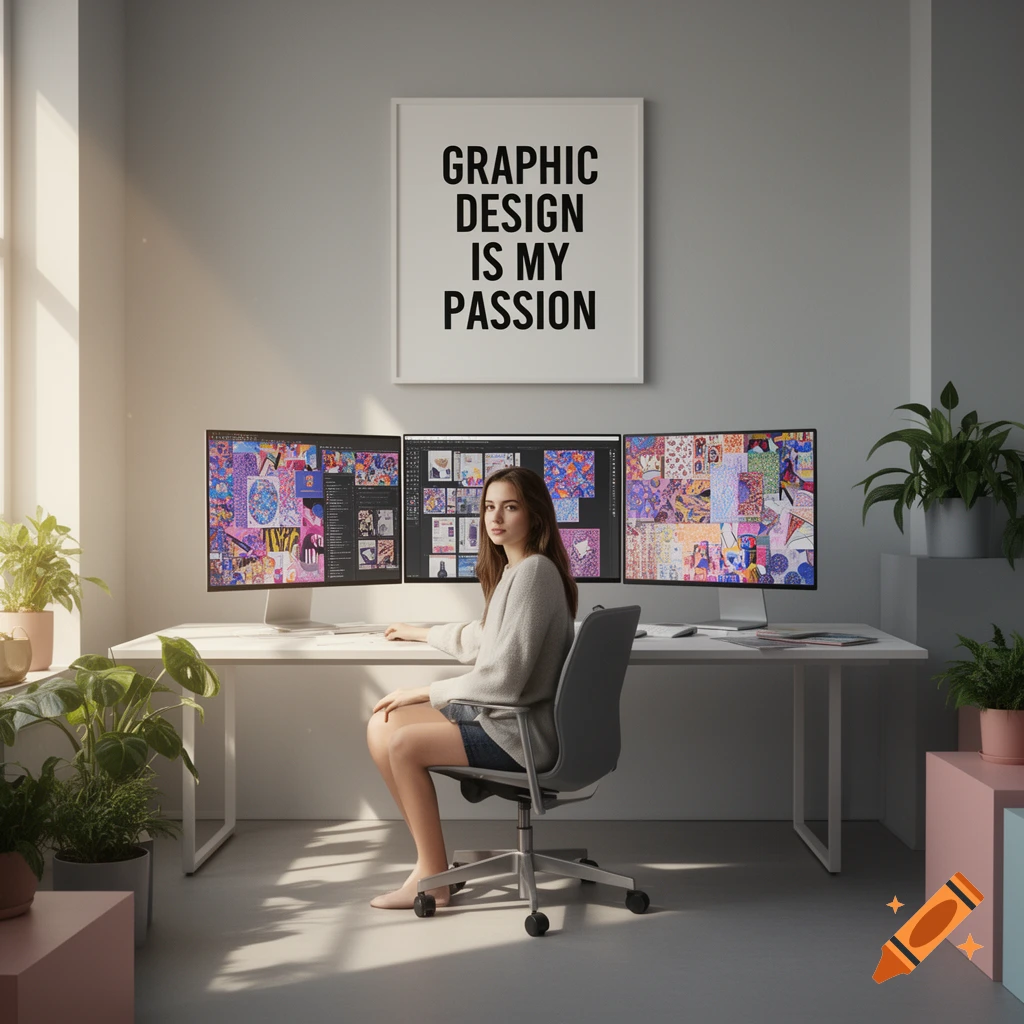 A young woman sits barefoot at a white desk with three monitors displaying colorful designs, under a "GRAPHIC DESIGN IS MY PASSION" poster, in a bright, plant-filled room.