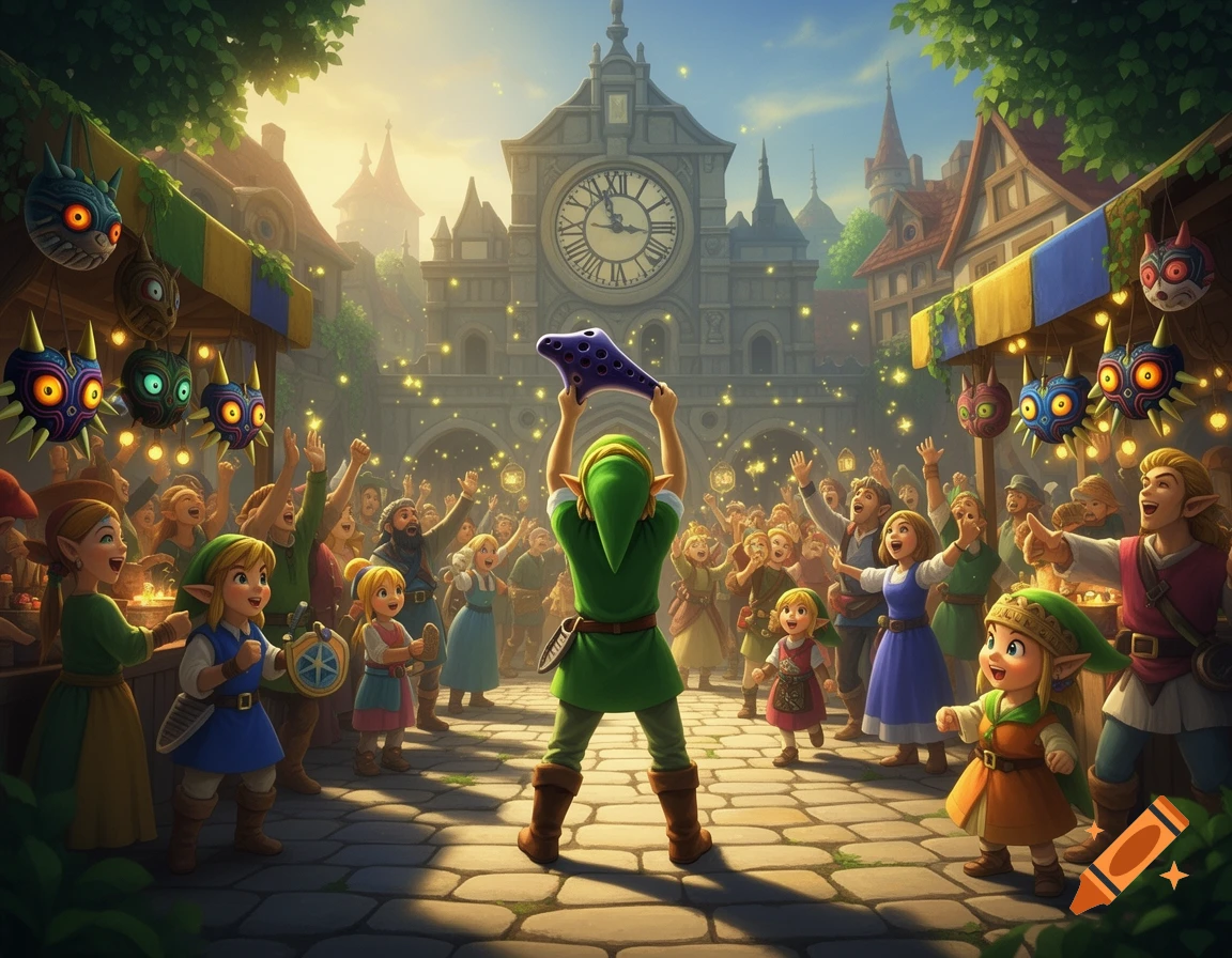Link holds an ocarina above his head in a vibrant, festive village square, surrounded by a cheering crowd and hanging Majora's Mask-like decorations.