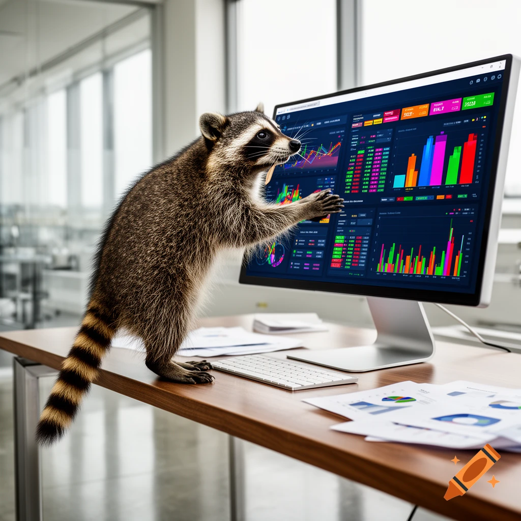 A photorealistic raccoon stands on an office desk, excitedly peering and gesturing at a computer monitor displaying colorful data dashboards.