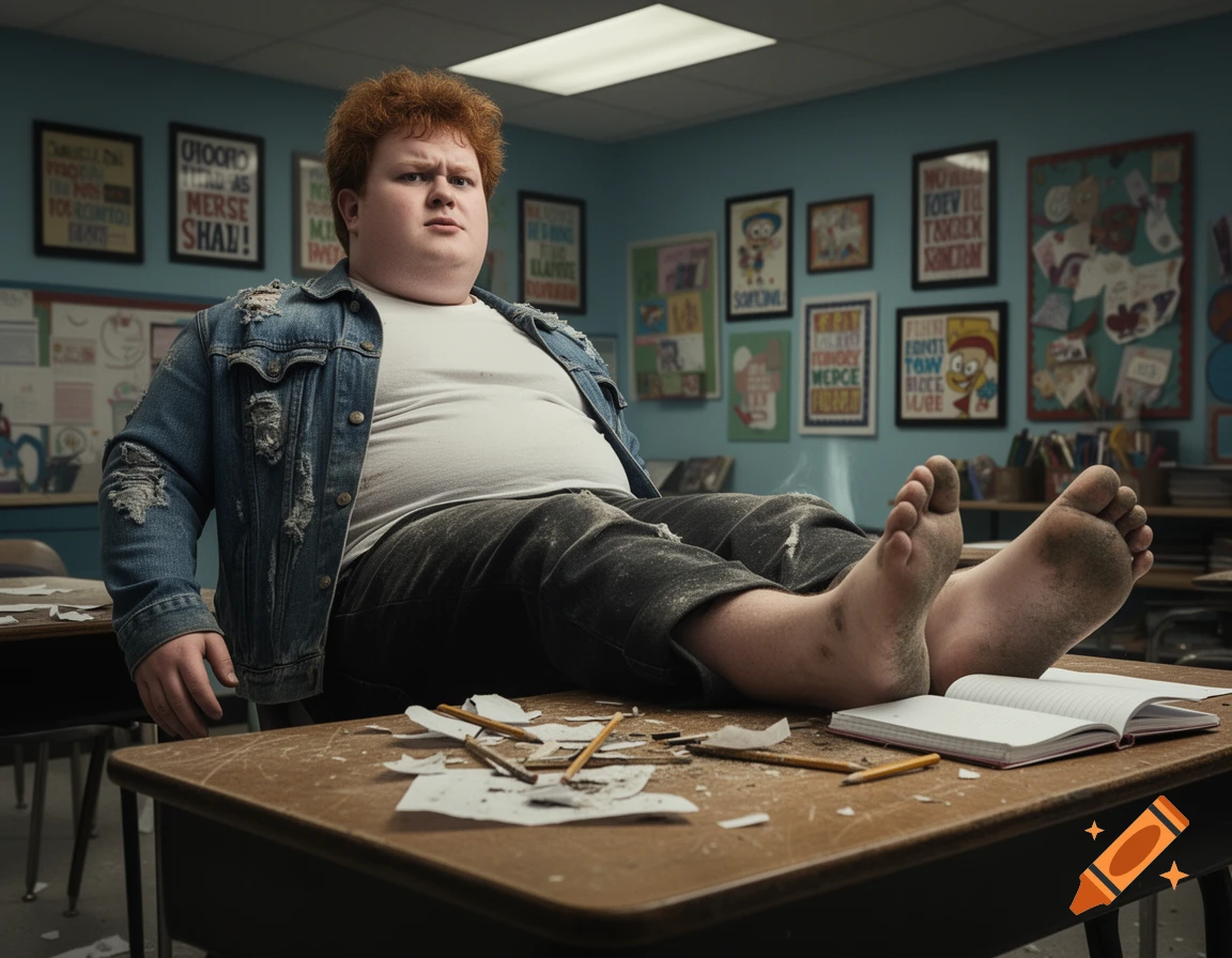 A red-haired, heavyset boy in a denim jacket sits on a classroom desk with dirty bare feet resting on an open notebook.