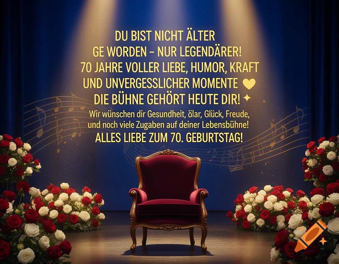 A plush red armchair on a spotlighted stage with red and white rose bouquets. Golden German text against a blue curtain wishes a happy 70th birthday.