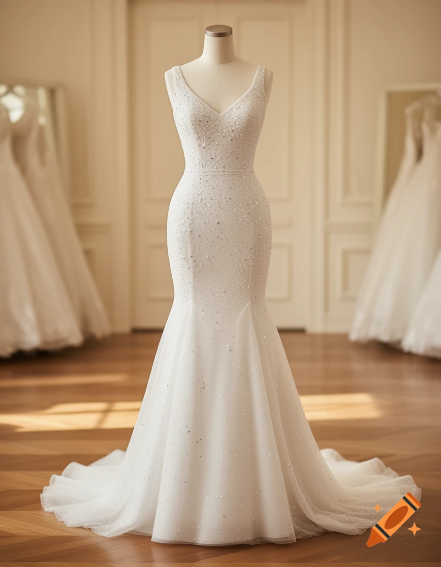 A white, sparkling mermaid wedding dress on a mannequin in a bright bridal shop with wooden floors.