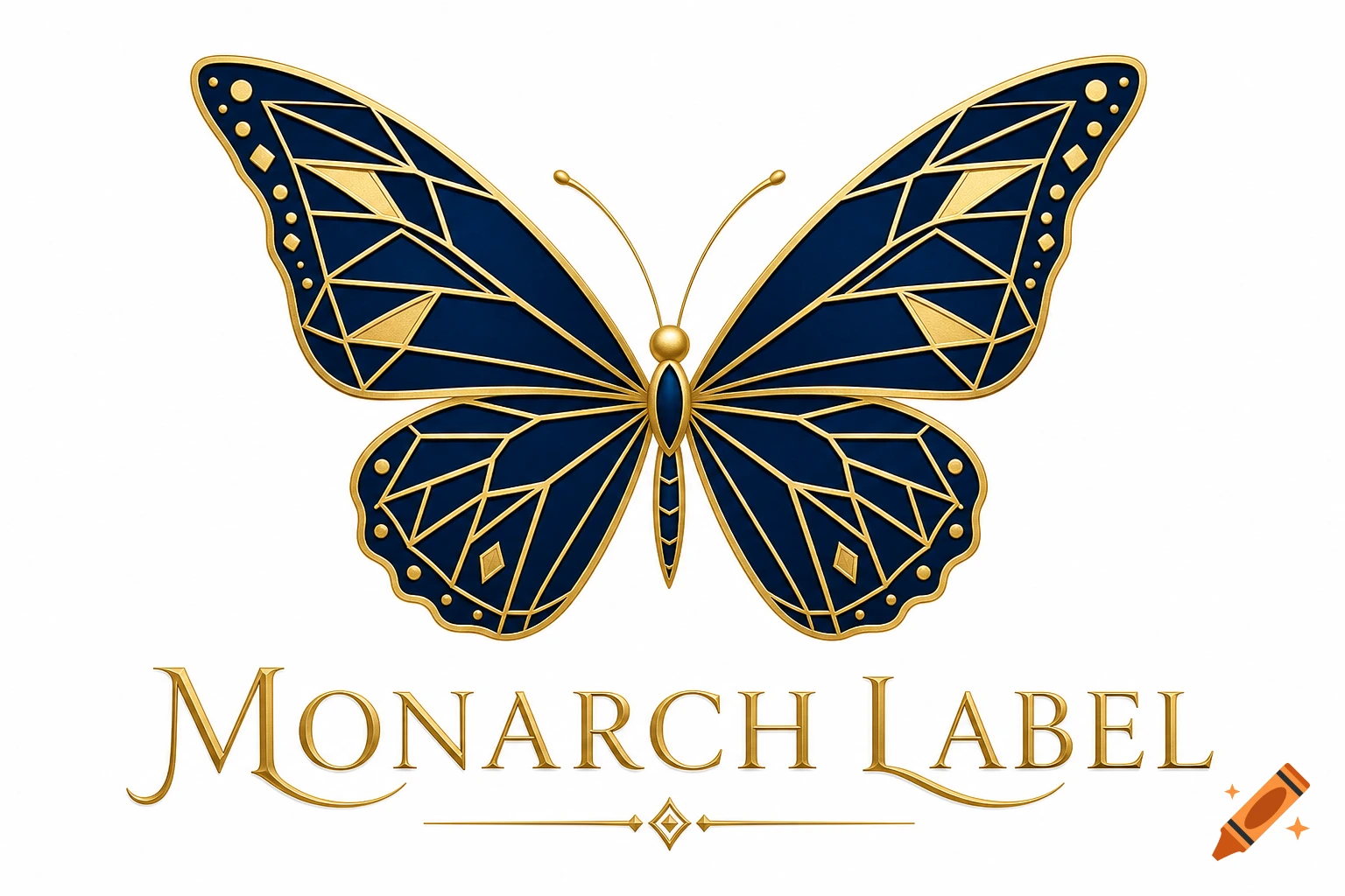 Elegant blue and gold monarch butterfly logo with geometric patterns and 'MONARCH LABEL' text.