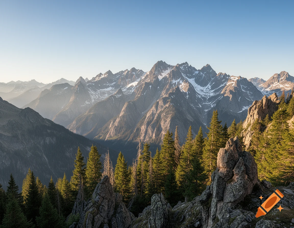 Photorealistic landscape of a majestic mountain range with snow-capped peaks, evergreen trees, and rocky terrain under a clear sky.