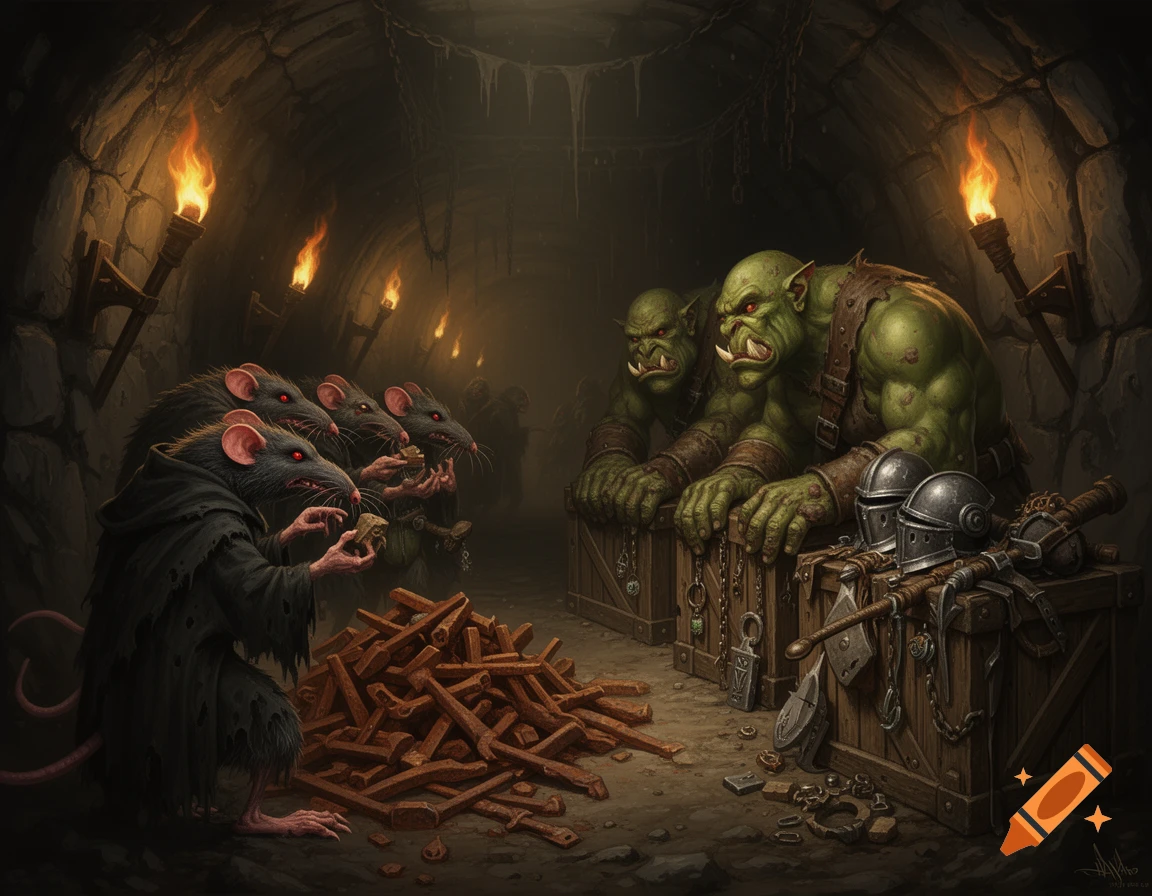 A group of rat-men in cloaks bartering with two muscular green orcs in a torch-lit dungeon, with piles of goods between them.