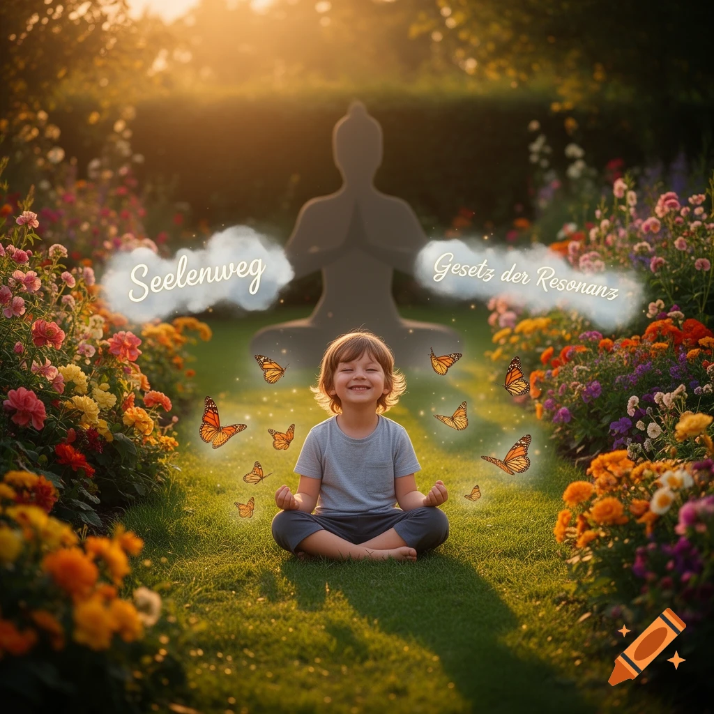 A smiling child meditates cross-legged in a vibrant flower garden with butterflies, glowing text bubbles read "Seelenweg" and "Gesetz der Resonanz".