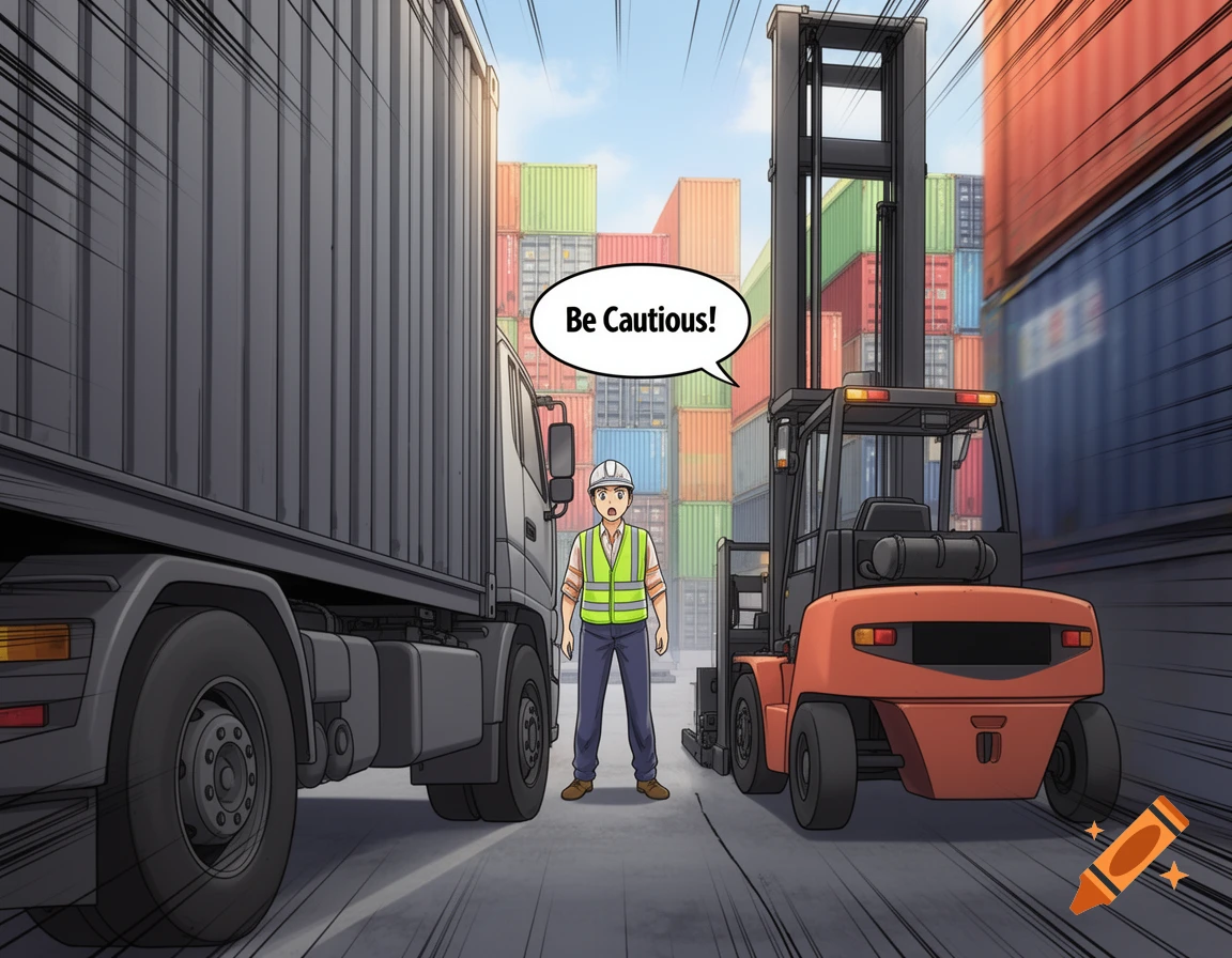 Anime illustration of a worker shouting 'Be Cautious!' between a truck and a forklift in a shipping yard.