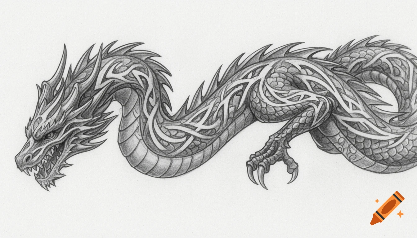 Detailed pencil drawing of a tribal dragon with intricate patterns, viewed horizontally.
