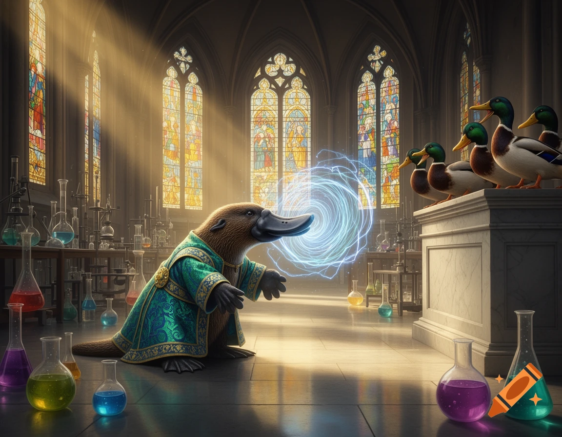 A robed platypus creates a glowing electric field in a cathedral laboratory, watched by a line of mallard ducks.