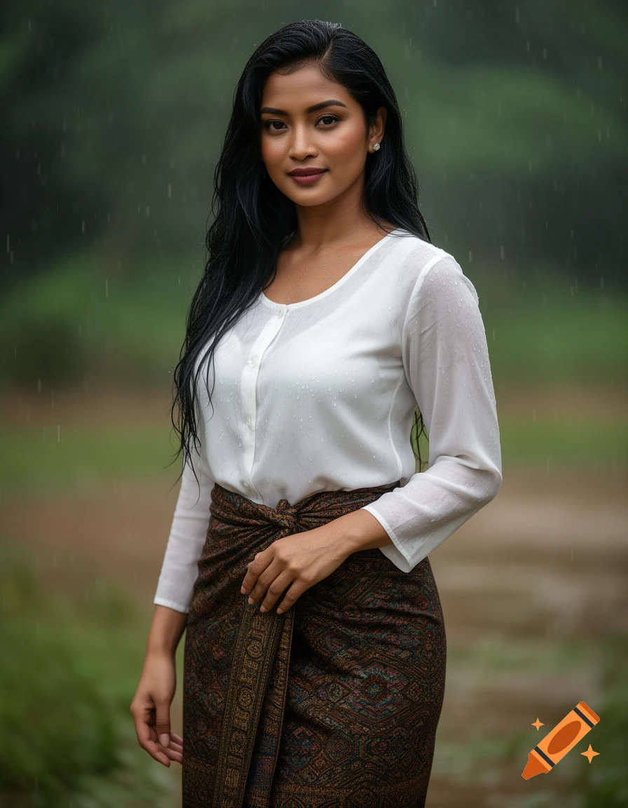 Photorealistic portrait of a beautiful Burmese woman with wet black hair, wearing a white blouse and traditional longyi, standing in the rain.