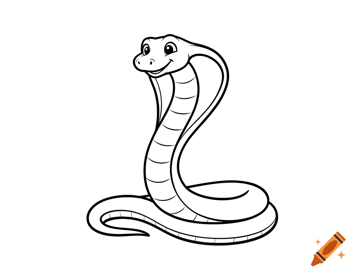 A simple black and white cartoon cobra with a wide hood, smiling, in a line art style, on a white background.