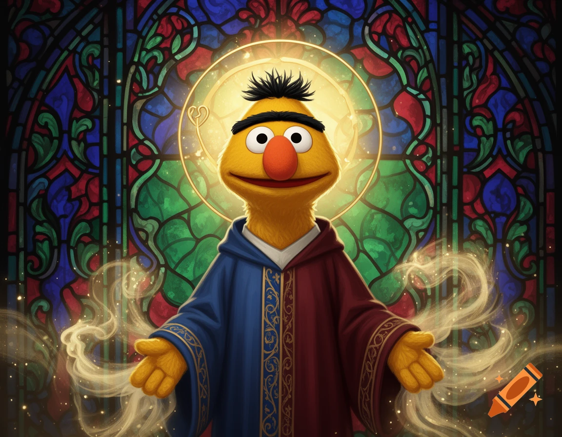 Bert from Sesame Street portrayed as a saint in a vibrant stained-glass window, with a halo and a blue and red robe.