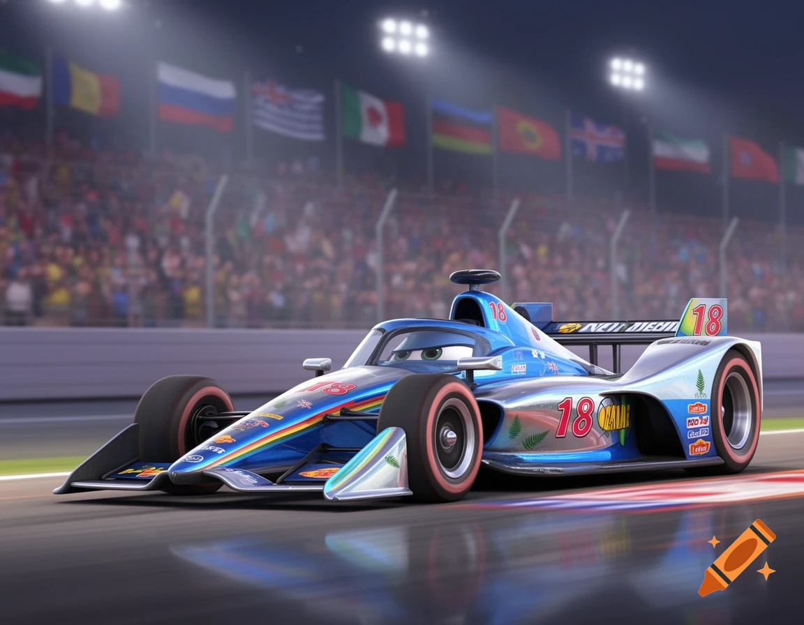 A blue and silver cartoon race car, inspired by Cars movies, with the number 18 and New Zealand fern decals, on a track with a blurred crowd and international flags in the background.