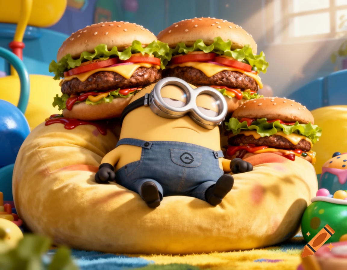 A Minion in overalls sleeps on a yellow beanbag, surrounded by three large cheeseburgers, in a bright cartoon room.