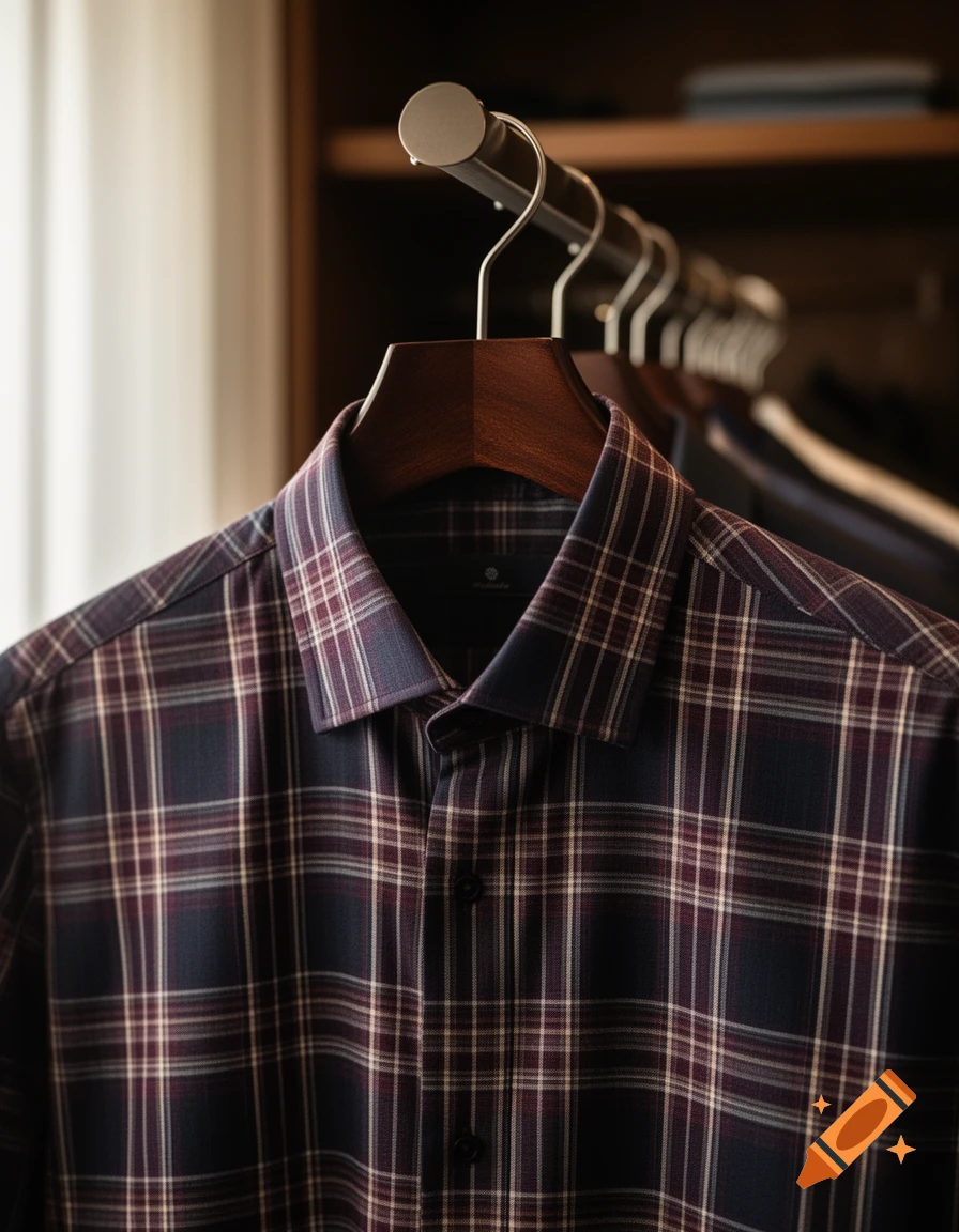 Photorealistic close-up of a dark plaid shirt with white and maroon lines, on a wooden hanger.