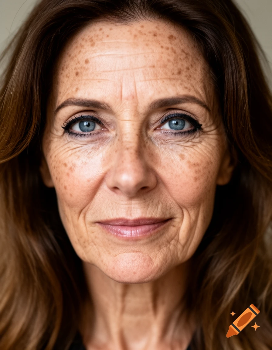 Close-up, candid photo of a middle-aged woman with brown hair, blue eyes, and prominent freckles on her face.
