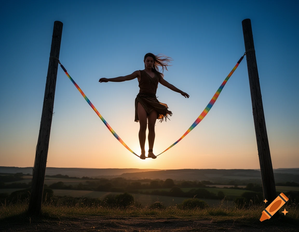 A person balances on a rainbow slackline between two poles against a dramatic sunset sky over a rolling landscape.