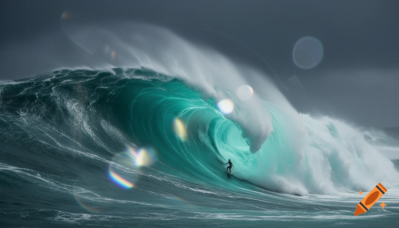 A silhouette of a surfer riding a huge, powerful turquoise wave under a dark sky with lens flares.