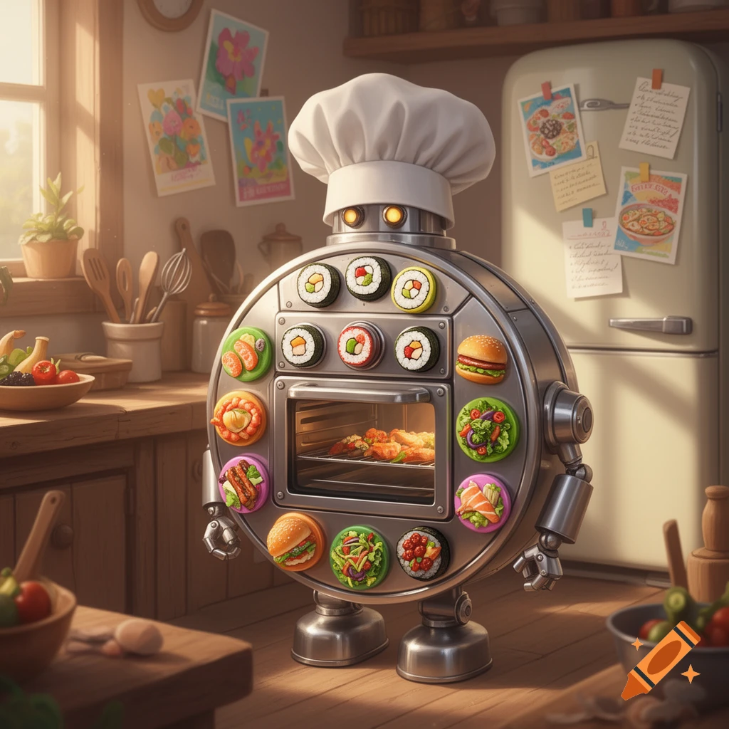 A round, metallic robot chef with a white hat stands in a kitchen, its body featuring colorful food buttons and an oven cooking food.