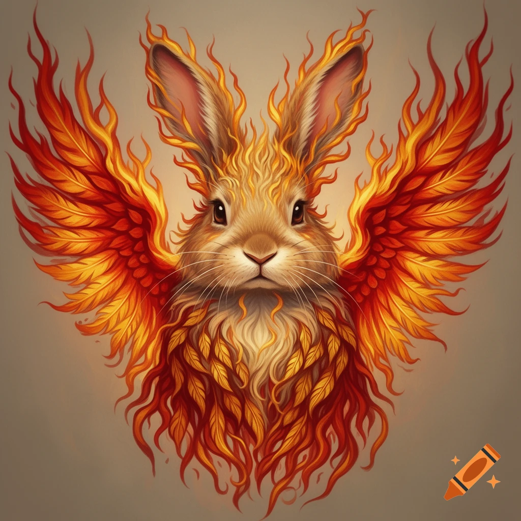 A stylized brown rabbit with erect ears, fiery orange-red phoenix wings, and a flame-like mane against a light background.