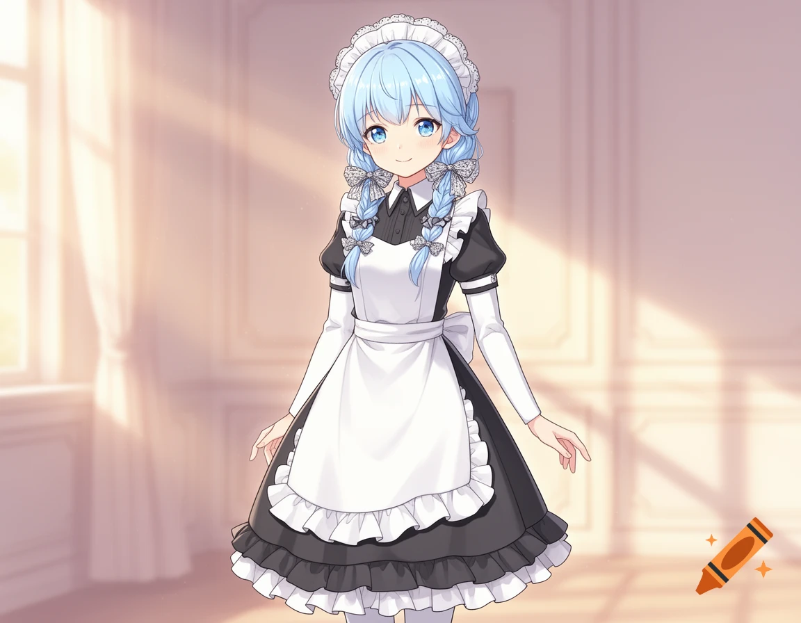 Anime girl with light blue braided hair in a black and white maid outfit, standing in a brightly lit room.