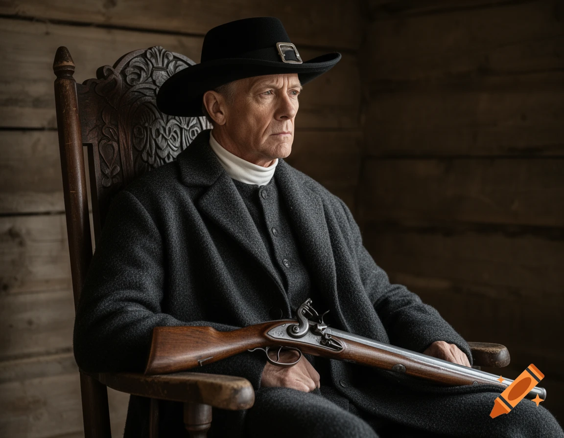 A solemn man in pilgrim attire and a black hat sits on a wooden rocking chair, a blunderbuss across his lap.