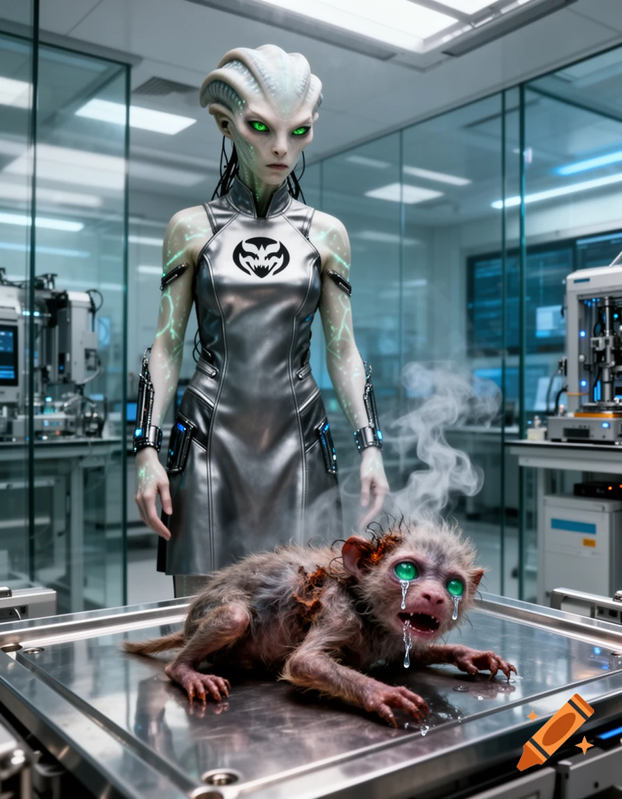 Photorealistic image of a grey alien woman in a silver suit standing over a small, burnt, crying creature on a lab table in a futuristic laboratory.