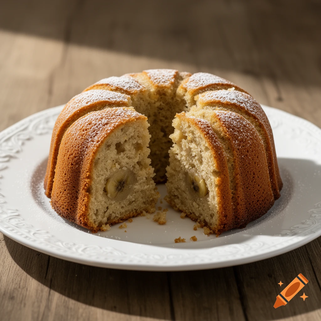 A photorealistic banana bundt cake, dusted with powdered sugar, on a white plate. A slice is removed, revealing banana pieces within.