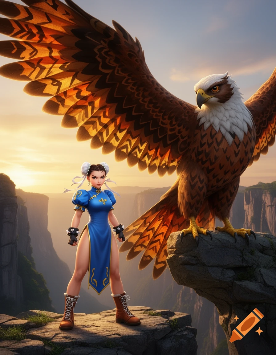 Chun-Li in a blue dress stands on a rocky cliff beside a giant hawk with wings spread, silhouetted against a sunset sky over canyons.