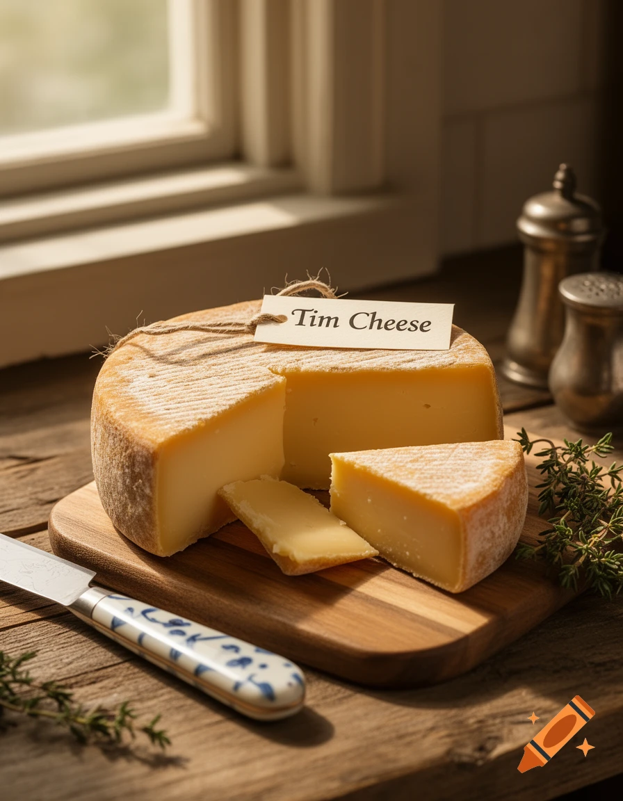 A round of Tim Cheese with slices cut out, a knife, and herbs on a wooden board by a window, photorealistic.