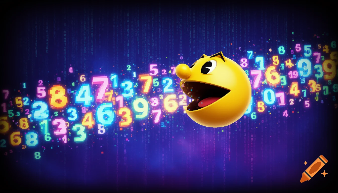 Pac-Man character with an open mouth, surrounded by a stream of colorful, glowing pixelated numbers on a dark blue digital background.