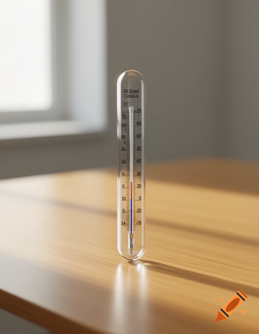 A close-up, photorealistic image of a glass thermometer standing upright on a wooden table, showing 34 degrees Celsius.