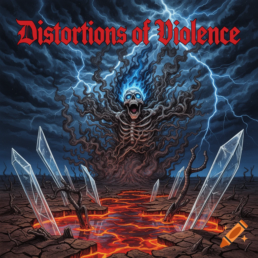 A skeletal figure with glowing blue eyes and fiery tendrils rises from a lava landscape with crystal shards under a stormy sky with lightning. Text 'Distortions of Violence'.