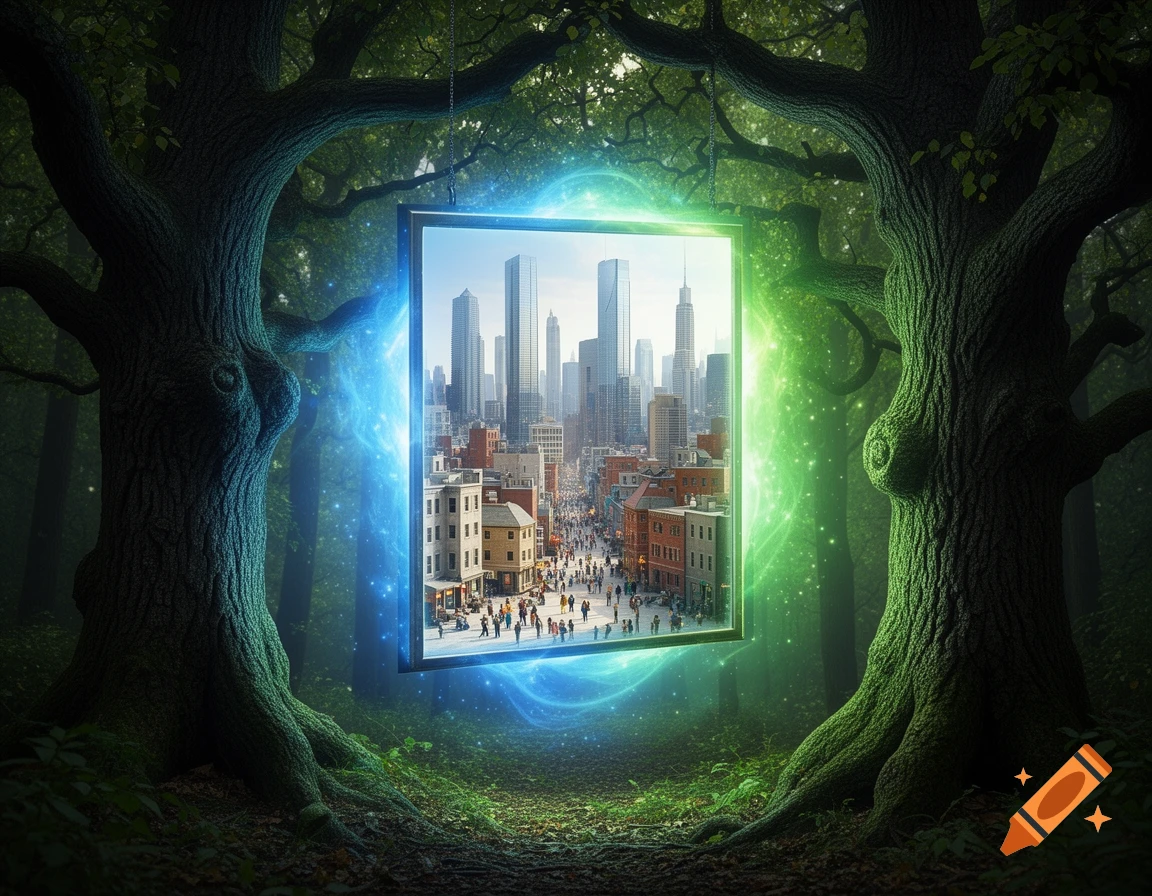 A magical glowing portal in a dark forest framed by trees reveals a bustling city with tall skyscrapers.