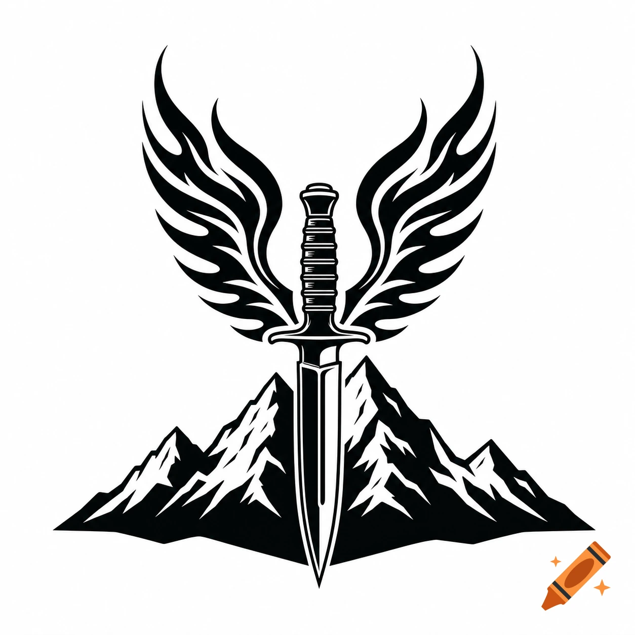 A simple black and white logo of a dagger with flamed wings, centered above a mountain silhouette.