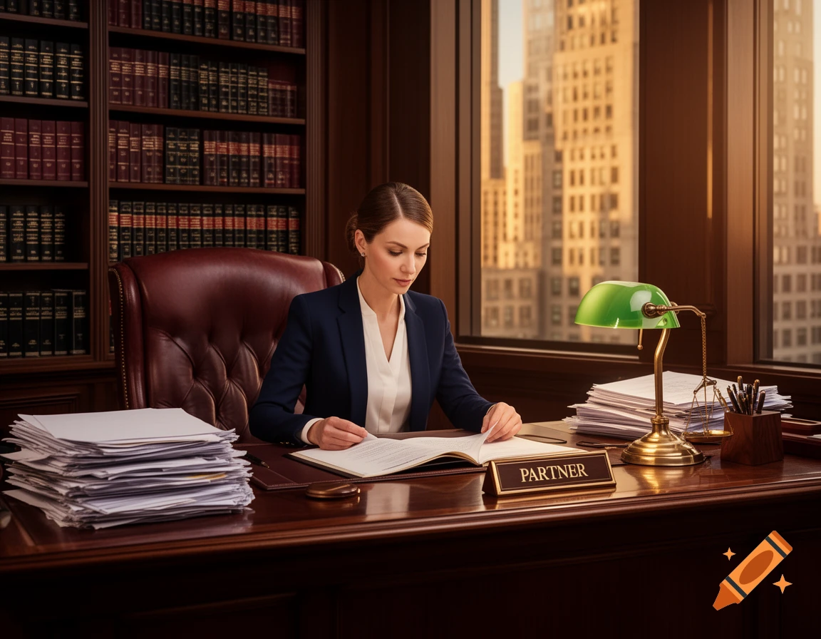 A professional woman in a suit sits at a large desk in a law office, reading a book, with city buildings visible outside a window.