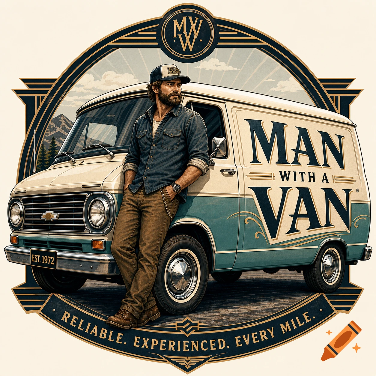Stylized logo featuring a bearded man leaning against a vintage teal and cream van, framed by an art deco border with text.