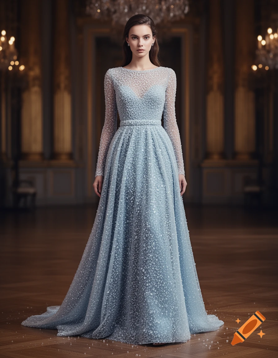A woman models a long, light blue gown with a shimmering, textured surface resembling salt crystals, in a grand hall.