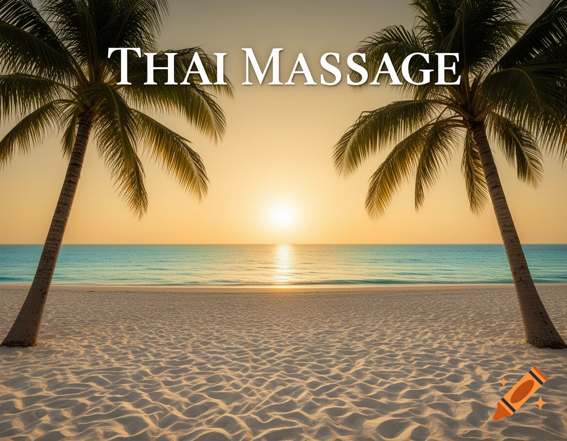 Photorealistic sunset scene on a sandy beach with two palm trees, calm ocean, and the text 'THAI MASSAGE' overhead.