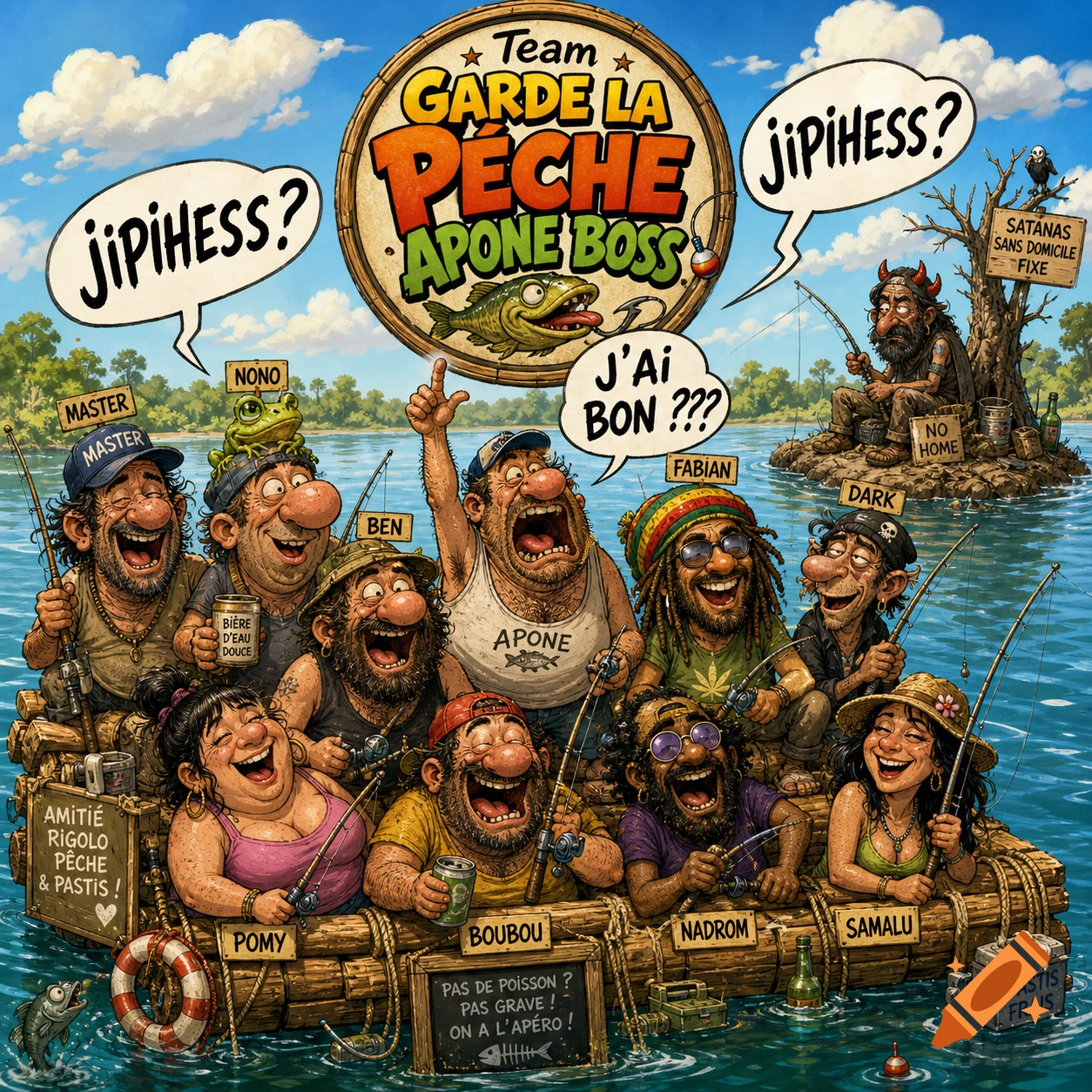 A cartoon illustration in the style of Bidochon shows ten exaggerated, laughing characters on a raft, fishing. A large circular logo says 'Team GARDE LA PÊCHE APONE BOSS'. Other text includes 'JiPiHESS?' in speech bubbles and names for each character. In the background, a horned character named Satanas fishes from a small island.