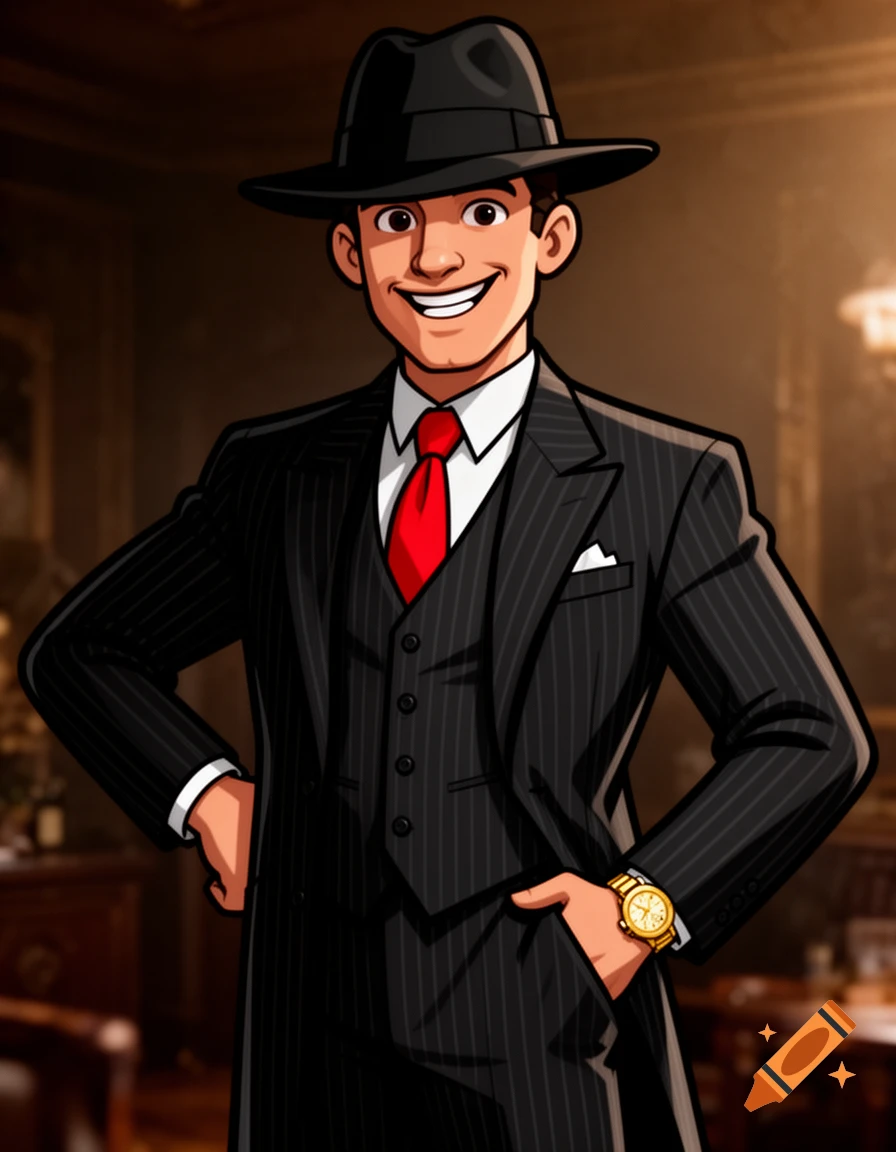 Smiling cartoon man in a black pinstripe suit, red tie, fedora, and gold watch, striking a confident pose.