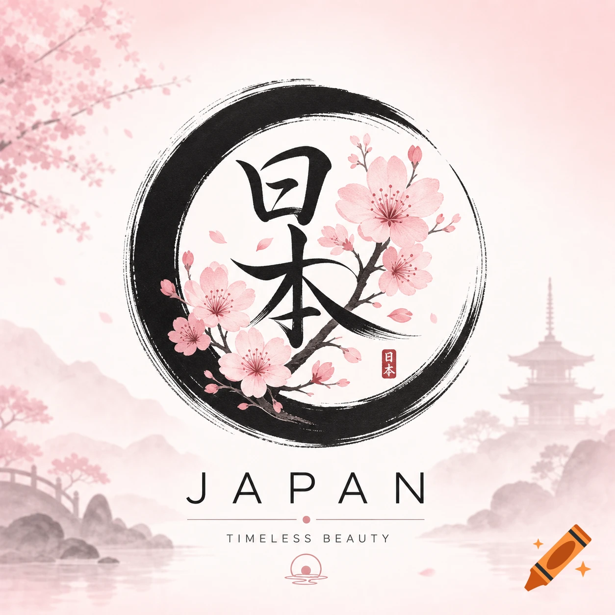 Stylized Japan logo with black brushstroke circle, pink cherry blossoms, Japanese script, 'Japan Timeless Beauty' text, and a pagoda background.