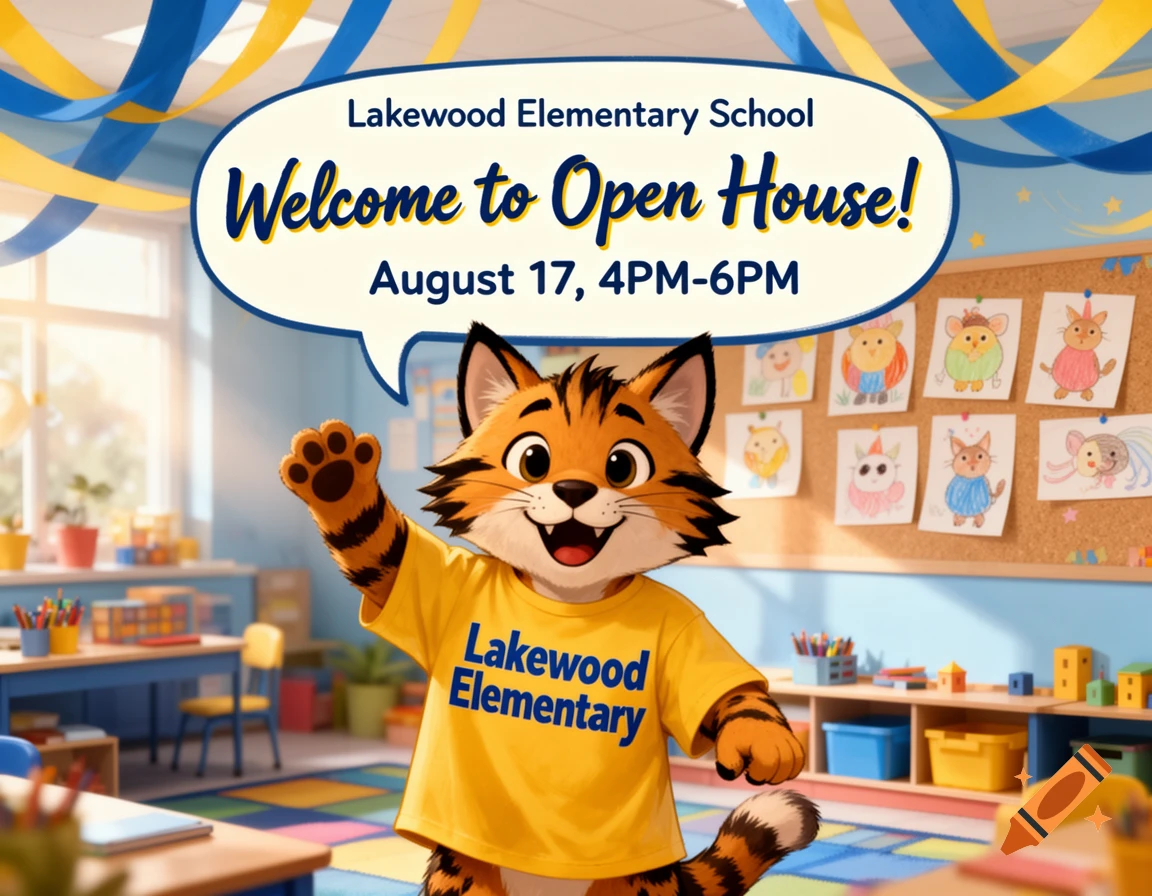 A happy bobcat mascot waves in a bright classroom, inviting to Lakewood Elementary School Open House on August 17, 4PM-6PM.